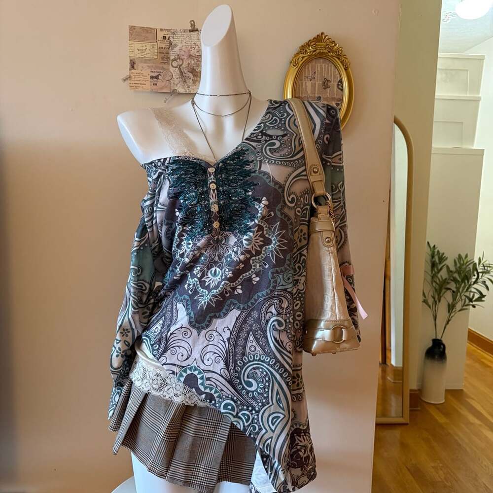 One World Vintage Paisley Off-Shoulder Top with Lace and Sequins